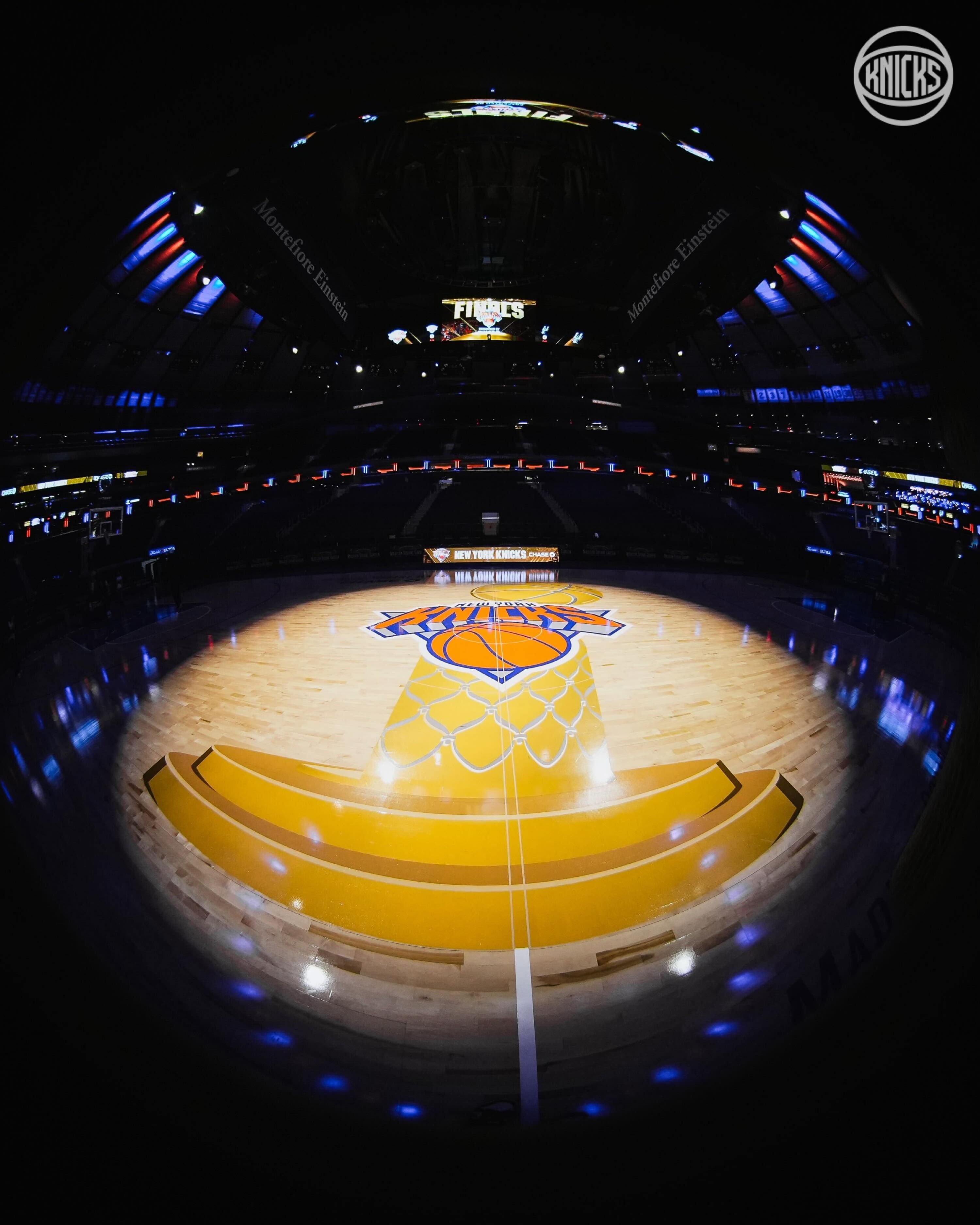 Madison Square Garden and the New Knicks logo on court'