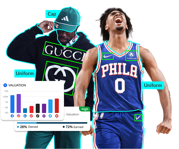 A hero image for Blinkfire's agency solutions, featuring two individuals—one wearing a branded cap and sweatshirt, and another in a basketball jersey—with digital overlays highlighting their apparel. Below them, a graph displays brand valuation data and earned media percentages.