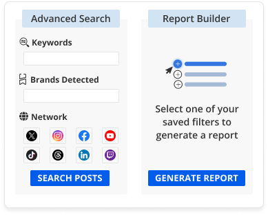 A Blinkfire Analytics user interface showing advanced search options with keywords, detected brands, and network filters, next to a report builder with saved filters.