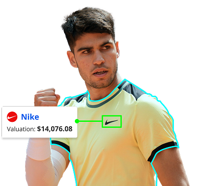 A tennis player in a yellow shirt has a digital overlay highlighting the Nike logo on his chest. A pop-up box using Blinkfire technology shows the brand's sponsorship valuation of $14,076.08.